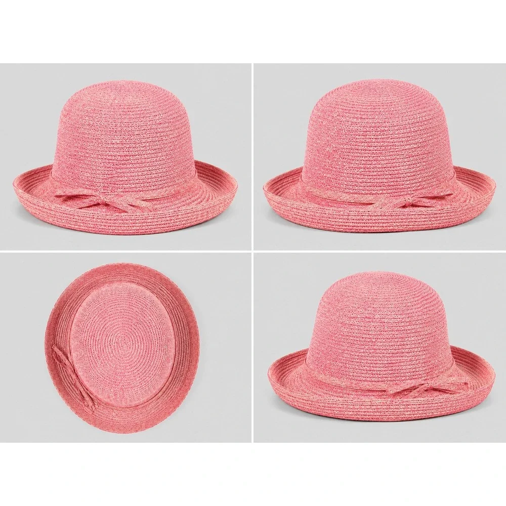 August Accessories Pink Woven Paper Straw Sun Hat Cloche Bow Detail NWT